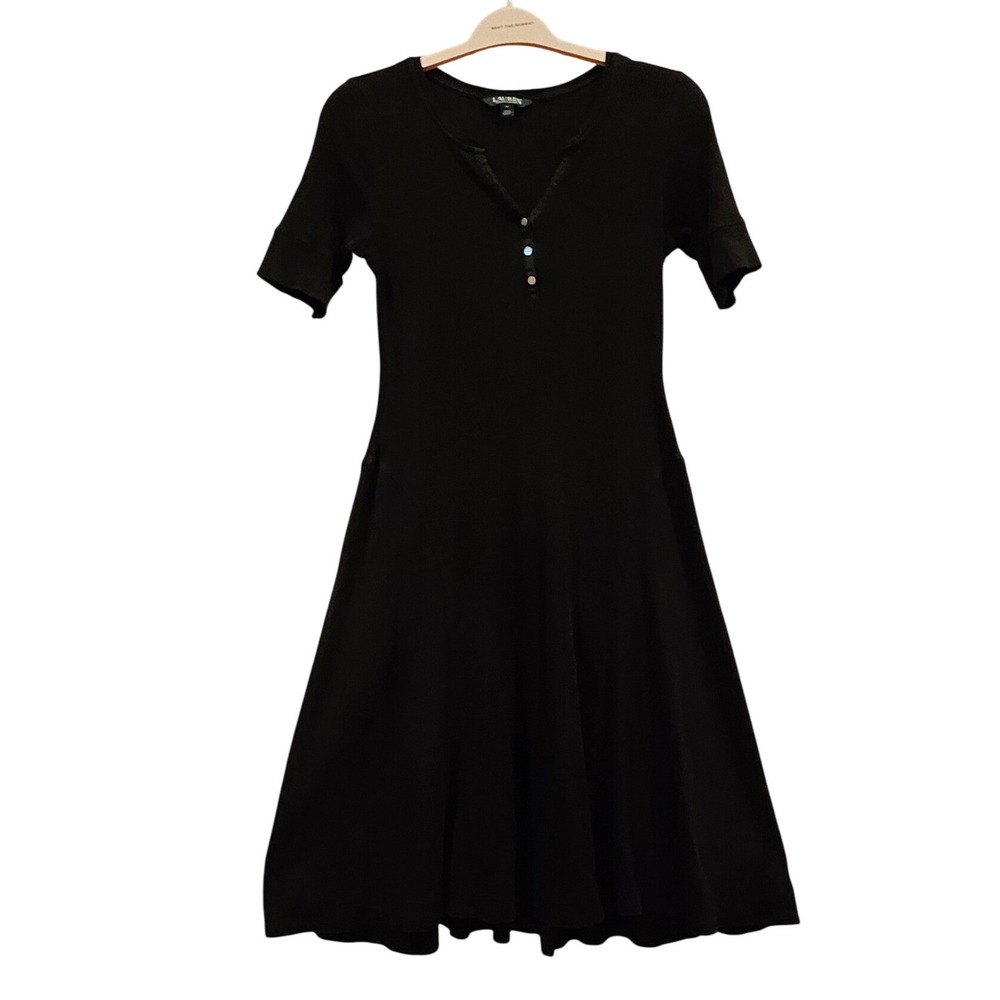 Lauren Ralph Lauren Black Waffle Knit Henley Fit & Flare Dress Short Sleeve M
